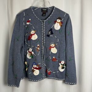 Designer Originals Studio Joy Blue Snowman Embellished Cardigan Sweater Sz PXL